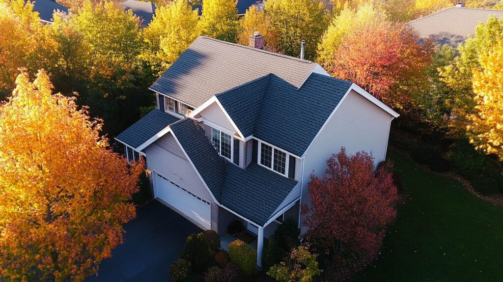 Aerial view of a house surrounded by colorful autumn trees