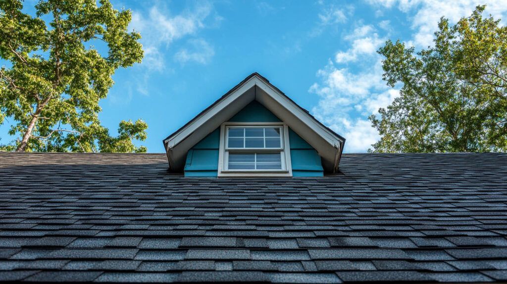 Shingled roof with a centered dormer window against a blue sky and trees