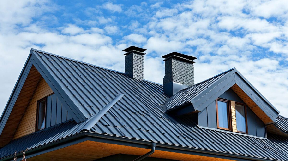 Modern dark gray metal roof on a house with two chimneys under a blue sky