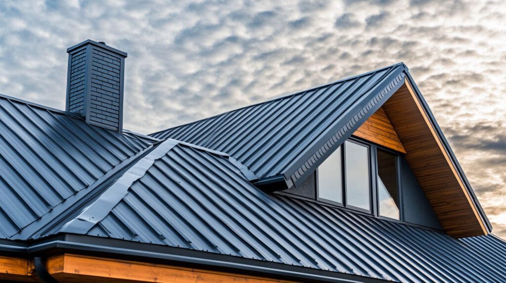 Blue metal roof with dormer windows and a chimney on a house