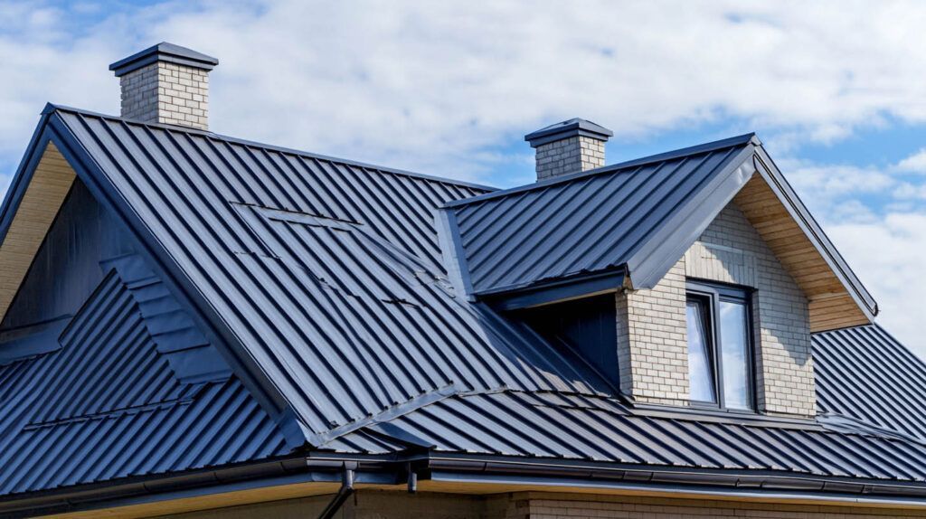 Blue metal-roofed house with two chimneys and dormer windows against a clear sky