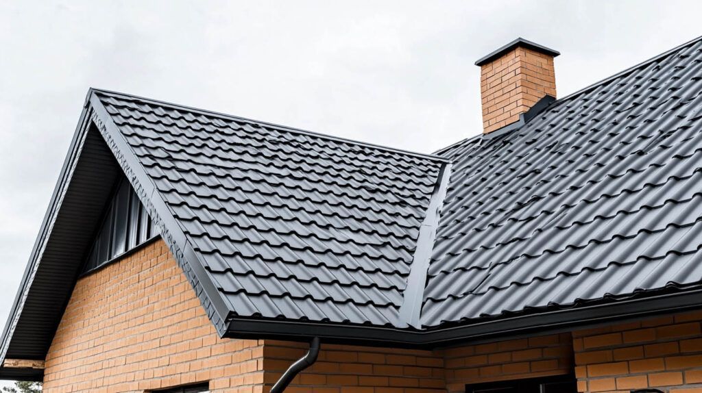 Black tiled roof on a brick house with a chimney and cloudy sky