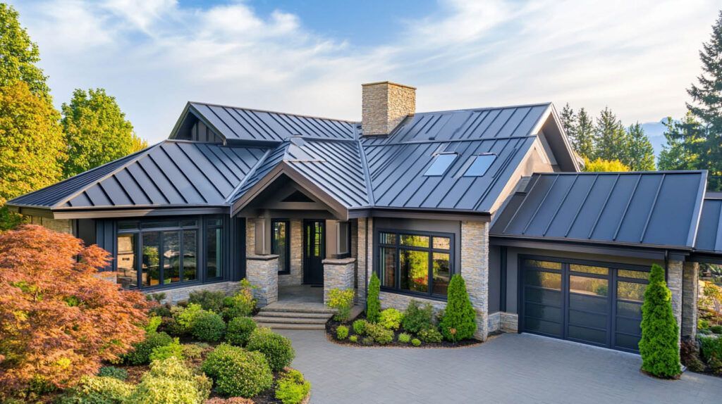 Modern stone house with dark metal roof, front porch, garage, and landscaped garden in daylight