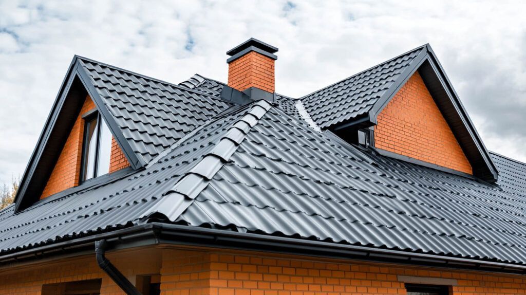 Roof of a brick house with dark gray metal shingles and orange chimney