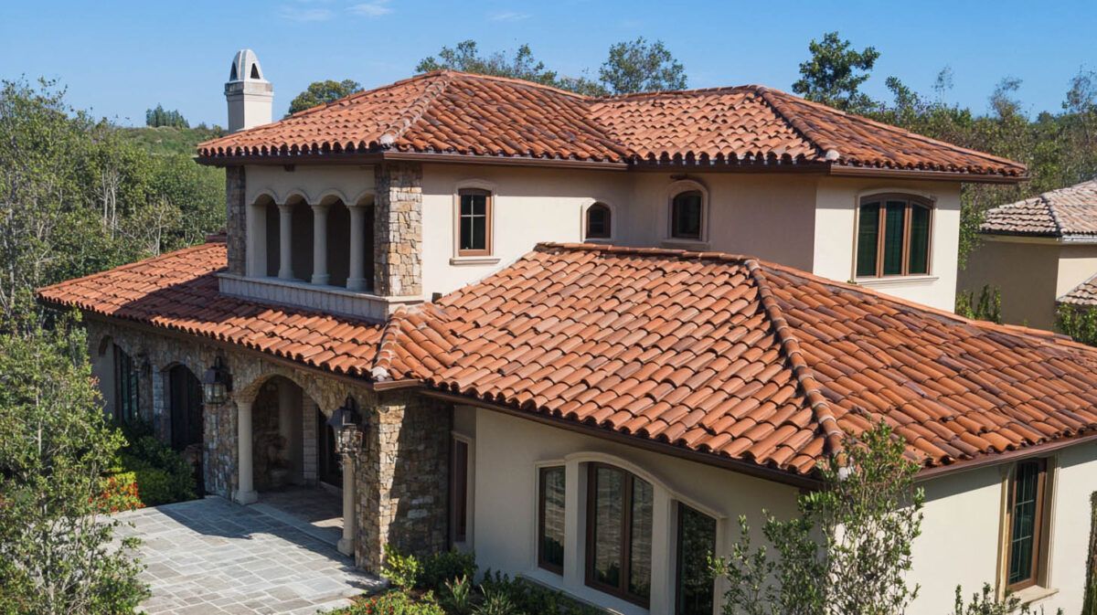 Mediterranean-style house with red tile roof and arched porch, surrounded by trees and greenery