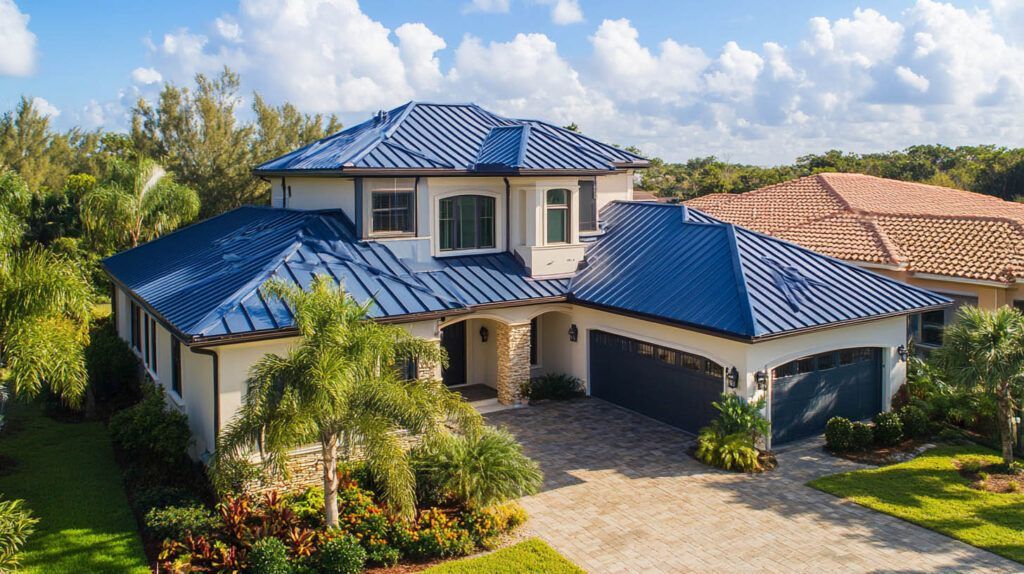 Large beige house with blue metal roof and palm landscaping under a bright, cloudy sky