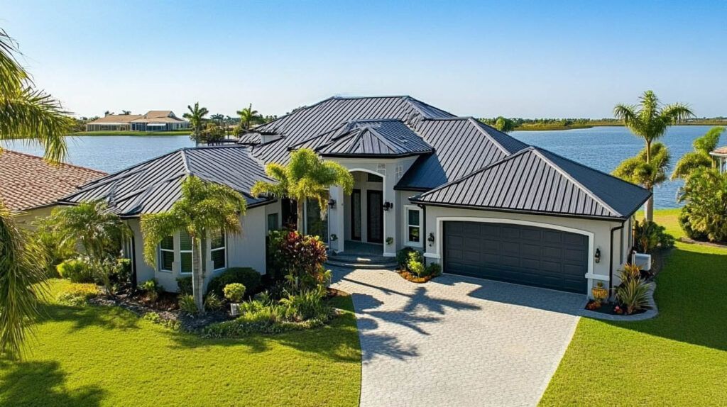 Luxurious waterfront home with a gray tile roof, palm trees, and a driveway leading to a double garage