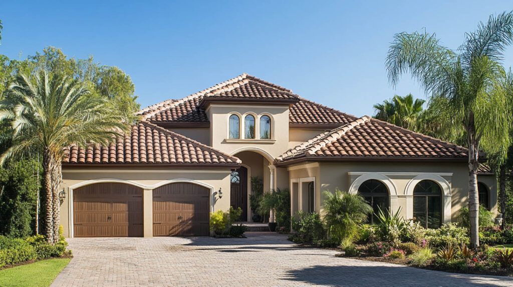 Mediterranean-style stucco house with red tile roof, arched entry, and two garage doors amid palm trees