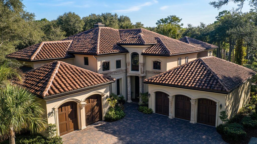 Large Mediterranean-style villa with red tile roofs, arched garage doors, and a cobblestone driveway surrounded by trees