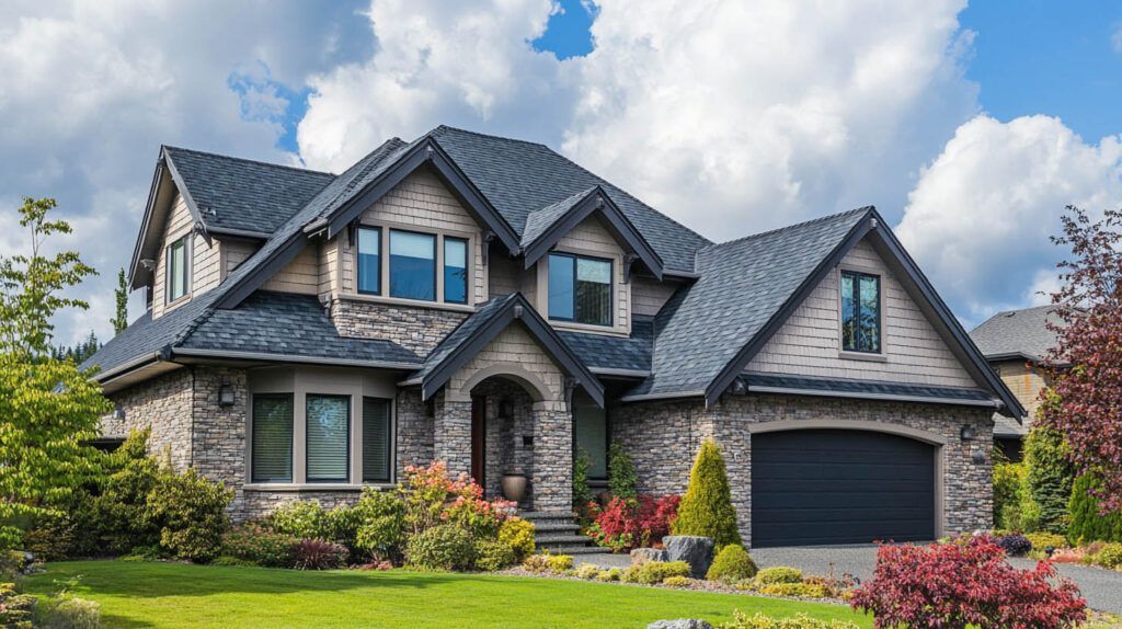 Stone suburban house with dark gray roof, two-car garage, and colorful landscaping under a cloudy blue sky
