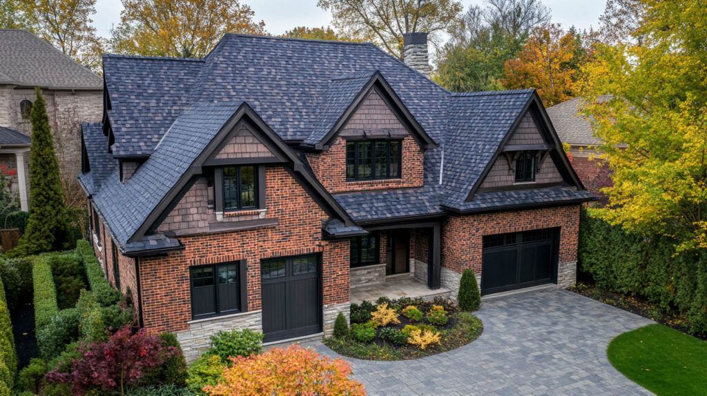 Modern brick house with dark gabled roof, stone accents, and a two-car garage, surrounded by autumn trees
