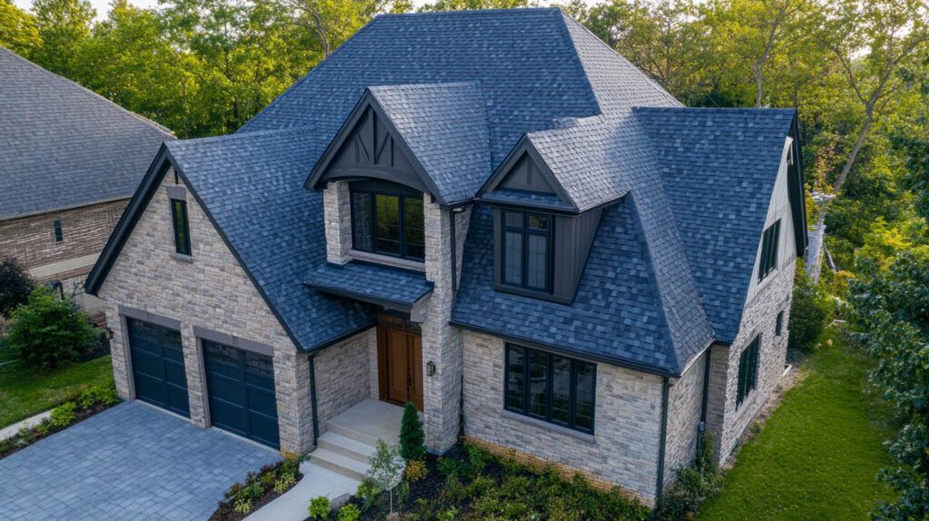 Modern two-story house with gray roof, stone exterior, and attached three-car garage surrounded by trees