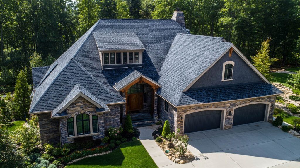 Aerial view of a large gray-roofed suburban house with a two-car garage and landscaped front yard.