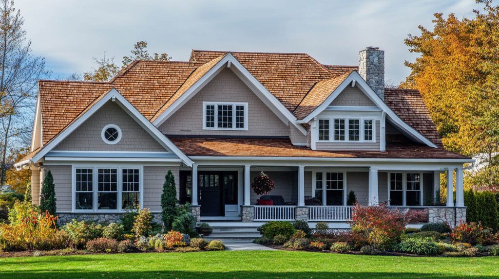 Suburban house with a gray porch, white trim, and autumn trees behind a green lawn