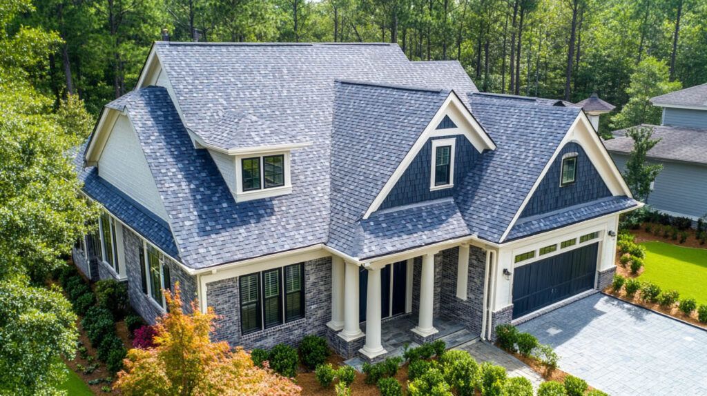 A gray-blue suburban house with a gabled roof, white columns, garage, and landscaped front yard.