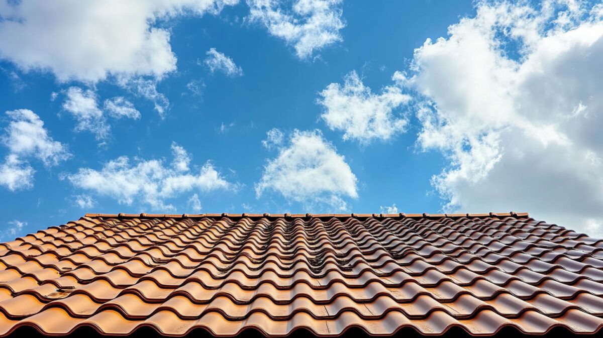 Red clay tile roof beneath a bright blue sky with scattered white clouds