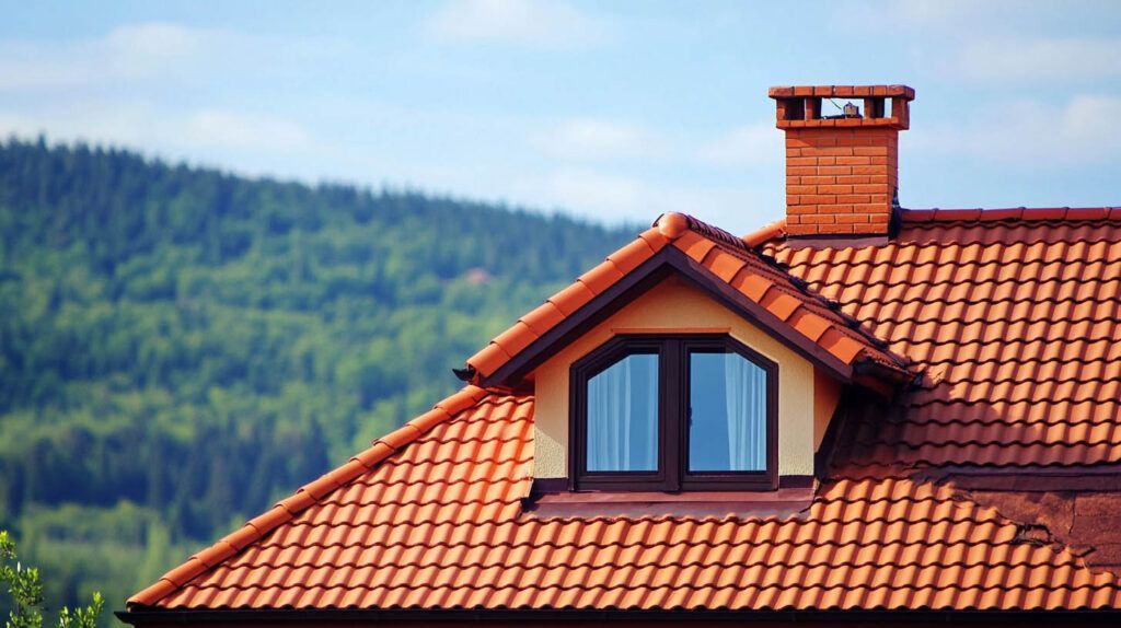 Red-tiled house roof with dormer windows and a chimney against forested hills