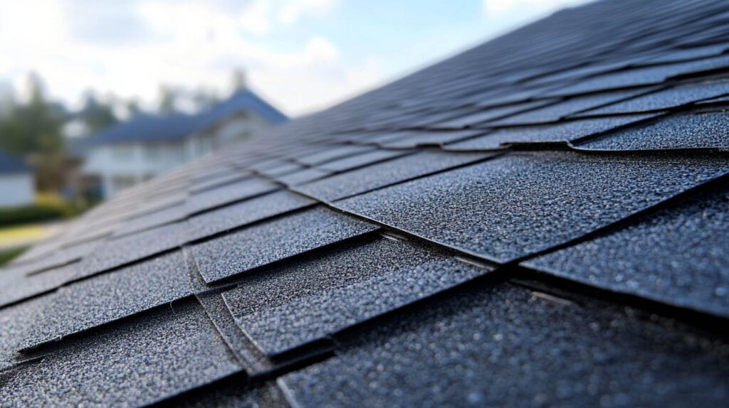 Close-up of dark gray asphalt roof shingles with a blurred house in the background
