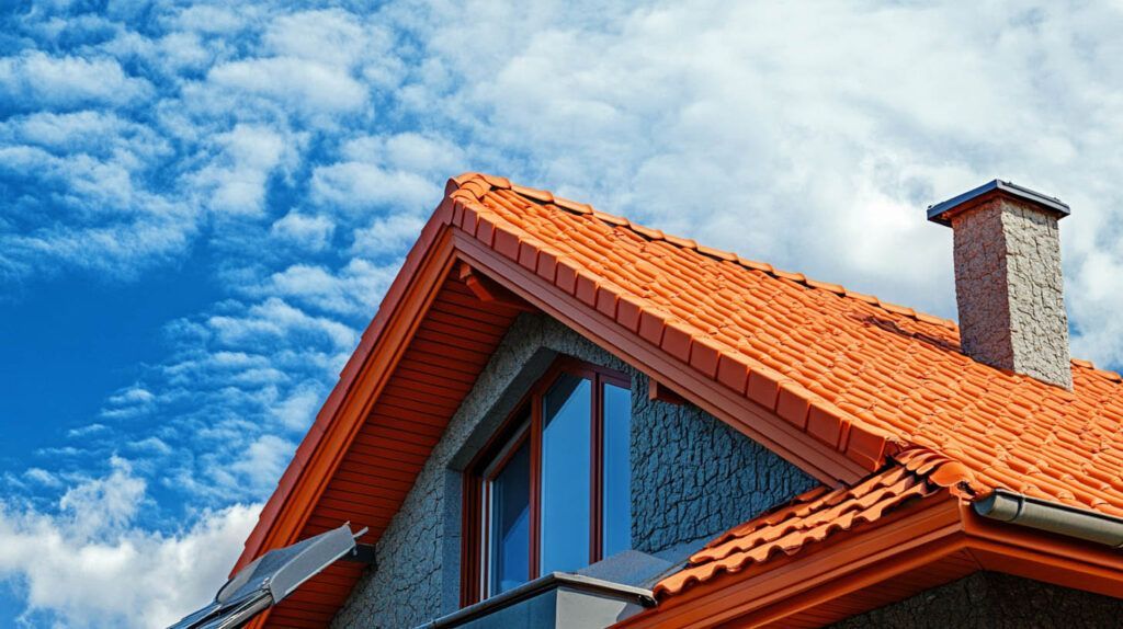 Orange-roofed house under a bright blue sky with a chimney and dormer windows