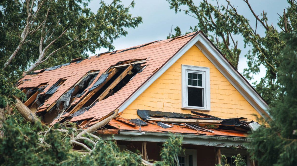 Damaged yellow house roof with missing shingles and fallen branches after storm