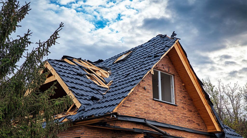 Damaged house roof with missing shingles after storm, under cloudy sky