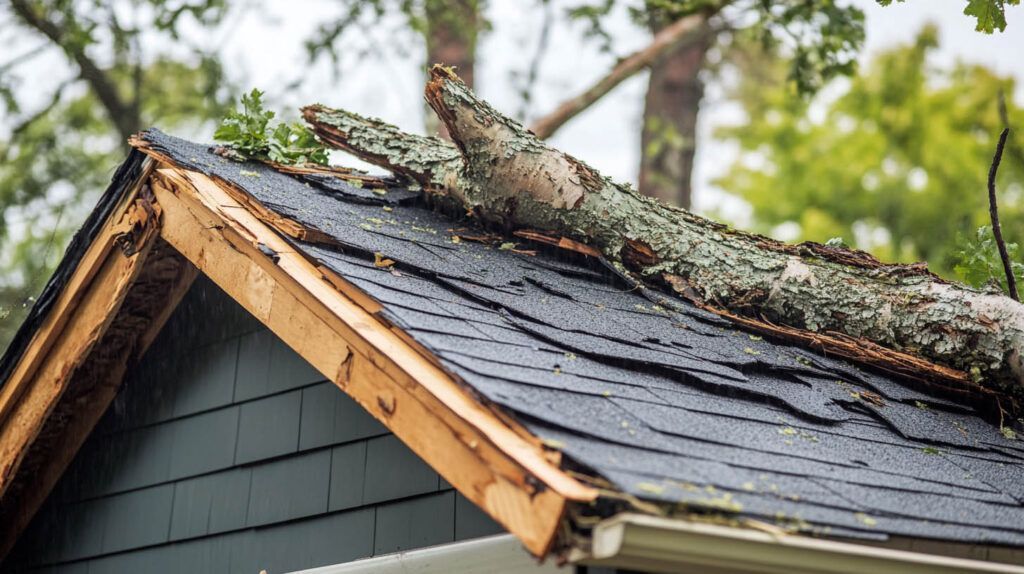 Tree limbs and moss lying across a shingled house roof after storm damage