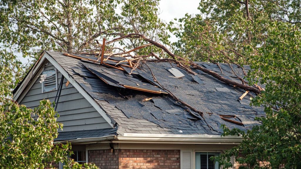 Severely damaged house roof with missing shingles and tree branches lying across it