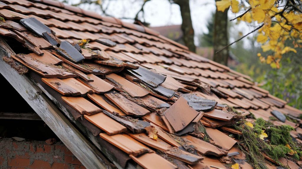 Damaged red-tiled roof with missing and broken shingles in an outdoor setting