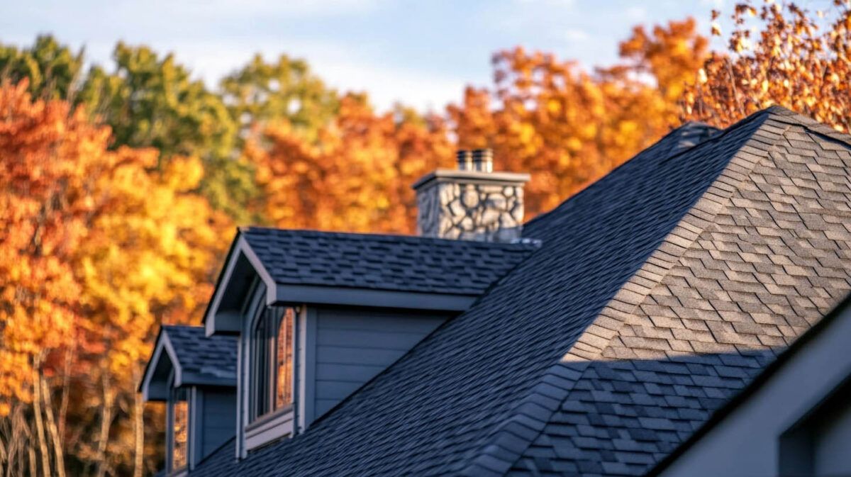 Slate rooftops in front of vivid orange autumn trees at sunset