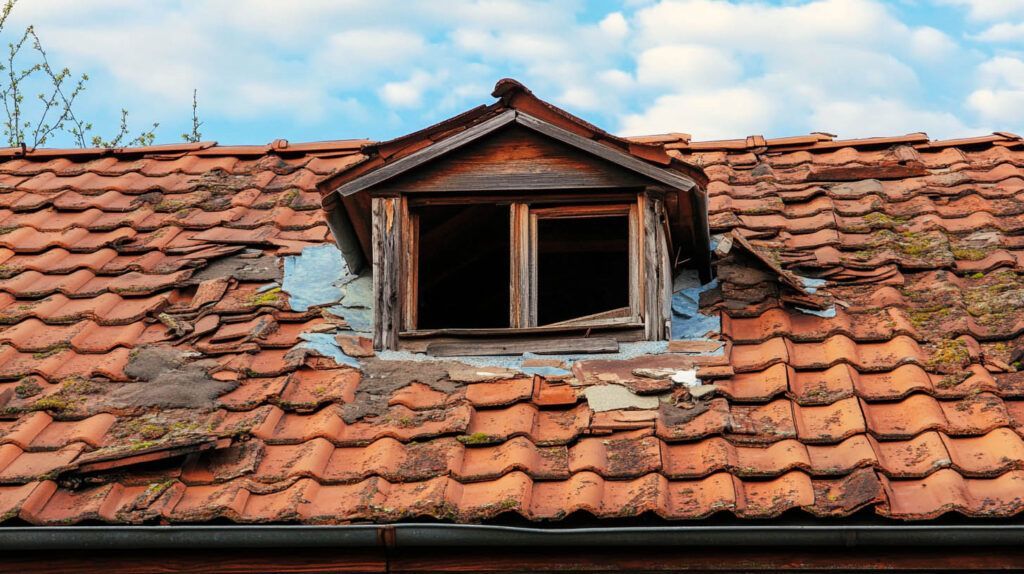 Weathered red-tile roof with a small dormer window under a blue sky
