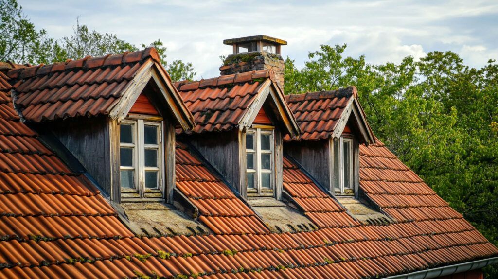 Red-tiled roof with three dormer windows and a small chimney above green trees