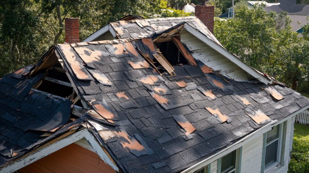Damaged house roof with missing shingles and a large hole, surrounded by trees.