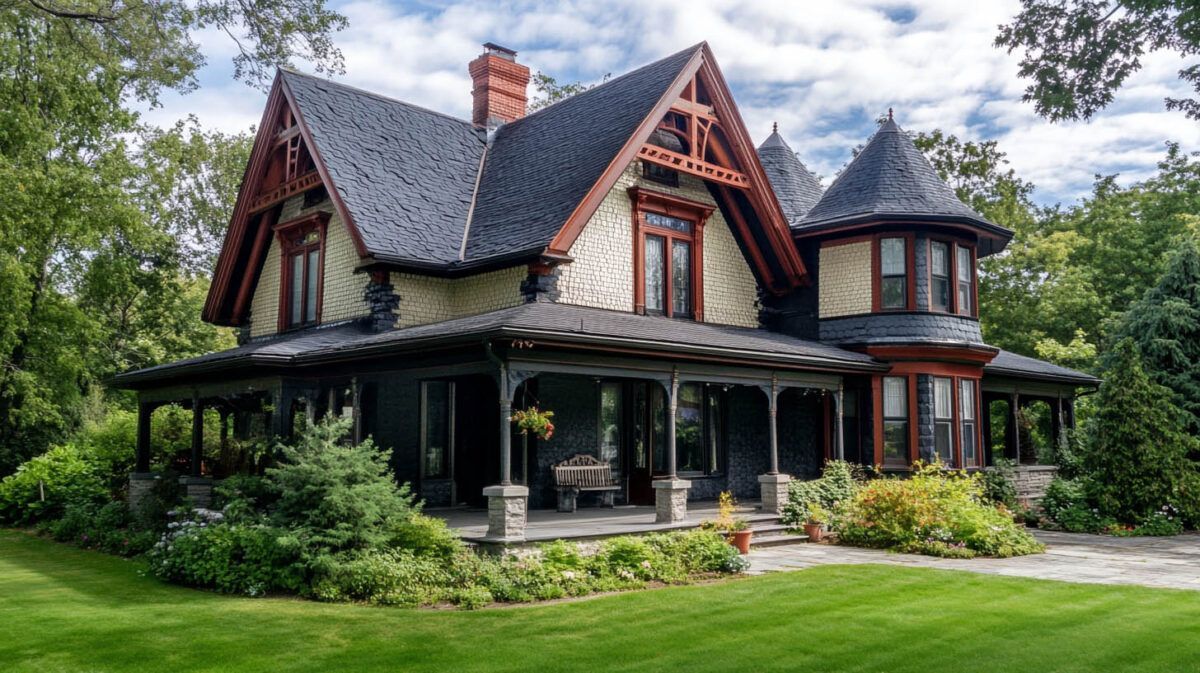 Victorian house with dark trim, wraparound porch, and lush green lawn under a cloudy sky