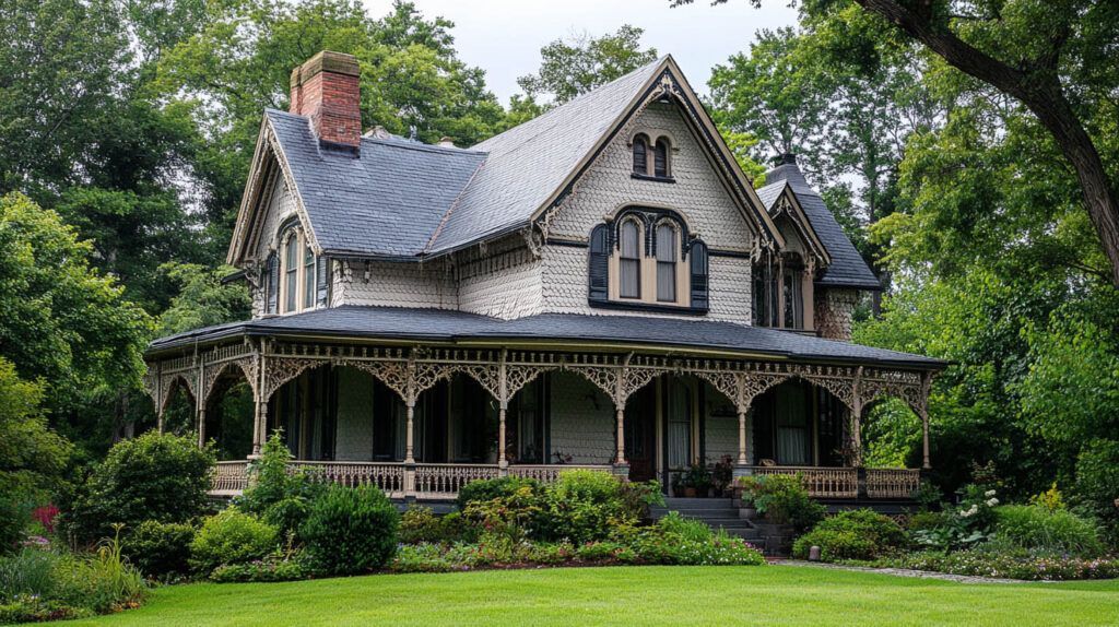 Victorian-style house with a steep gray roof, wraparound porch, and lush green lawn surrounded by trees