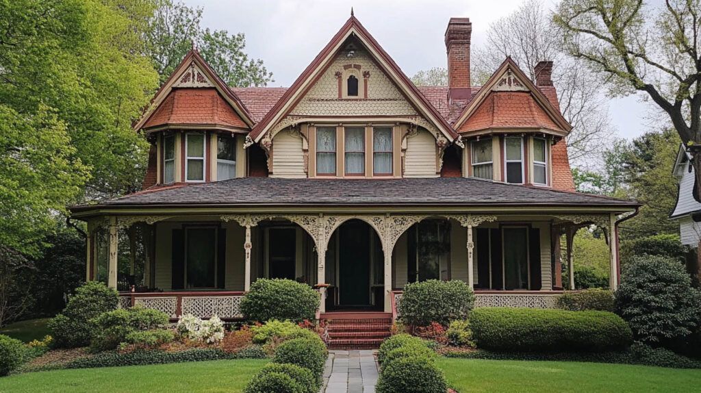 Victorian house with red trim, steep gables, and a wraparound porch amid a manicured garden