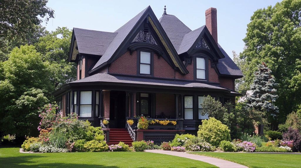 Victorian-style house with a dark roof, wraparound porch, and colorful garden on a sunny lawn