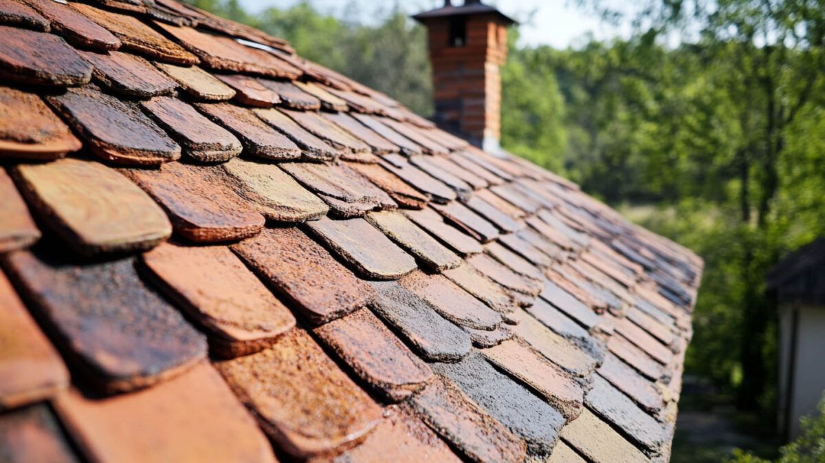 Close-up of weathered terracotta roof tiles with trees and a chimney in the background