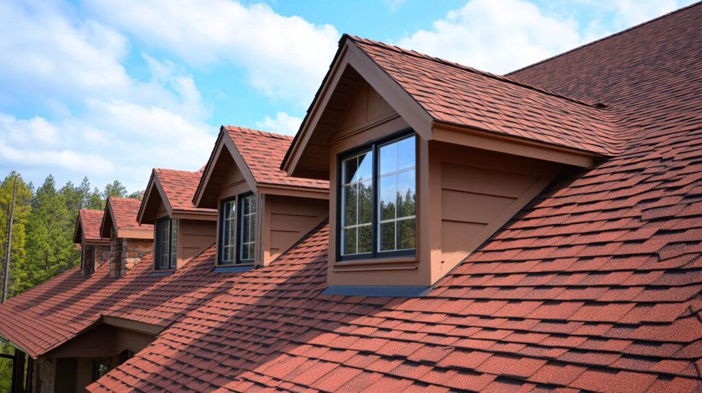 Red-tiled roof with several dormer windows on a house, against a blue sky