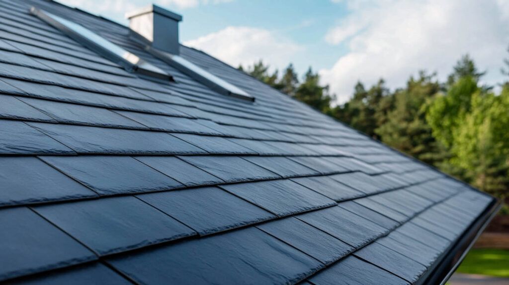 Close-up of dark blue solar panels on a sloped roof under a clear sky