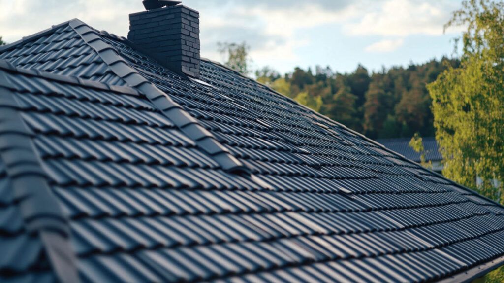 Dark gray tiled roof with chimney, viewed at an angle against a wooded background
