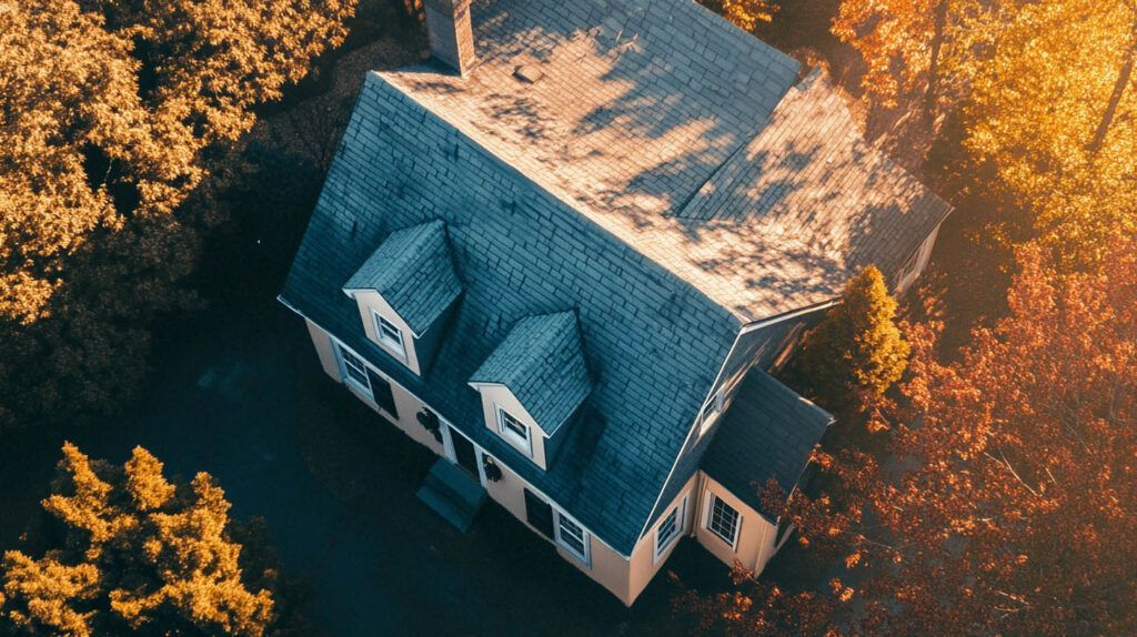 Aerial view of a blue-roofed house surrounded by orange autumn trees.