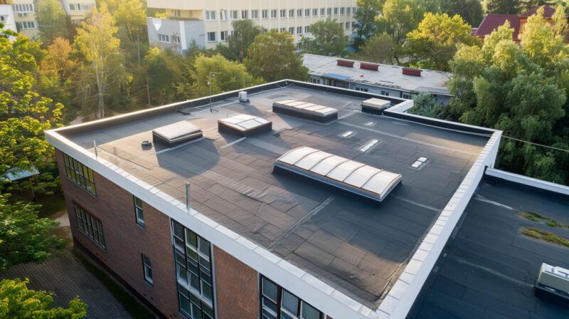 Aerial view of a flat-roofed brick building with skylights and HVAC units surrounded by trees.