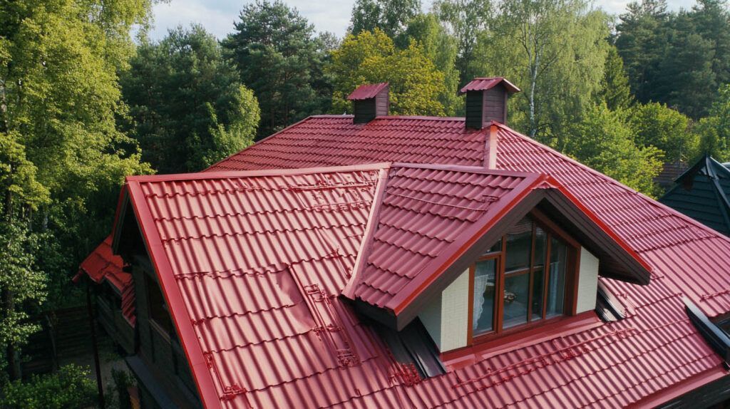 Red metal roof with dormer windows on a house surrounded by green trees