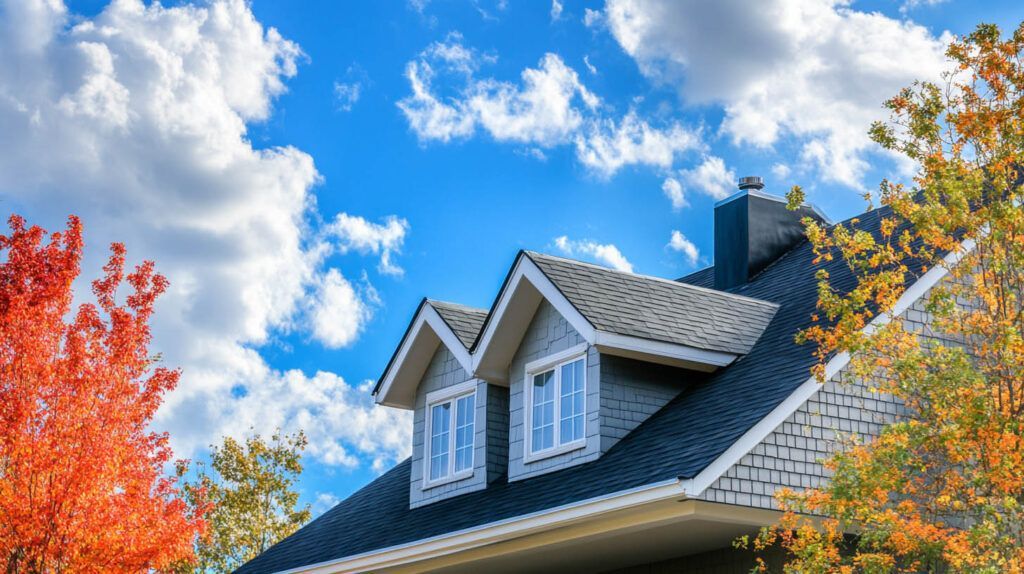 Blue-roofed house with dormer windows under a bright blue sky, framed by autumn trees