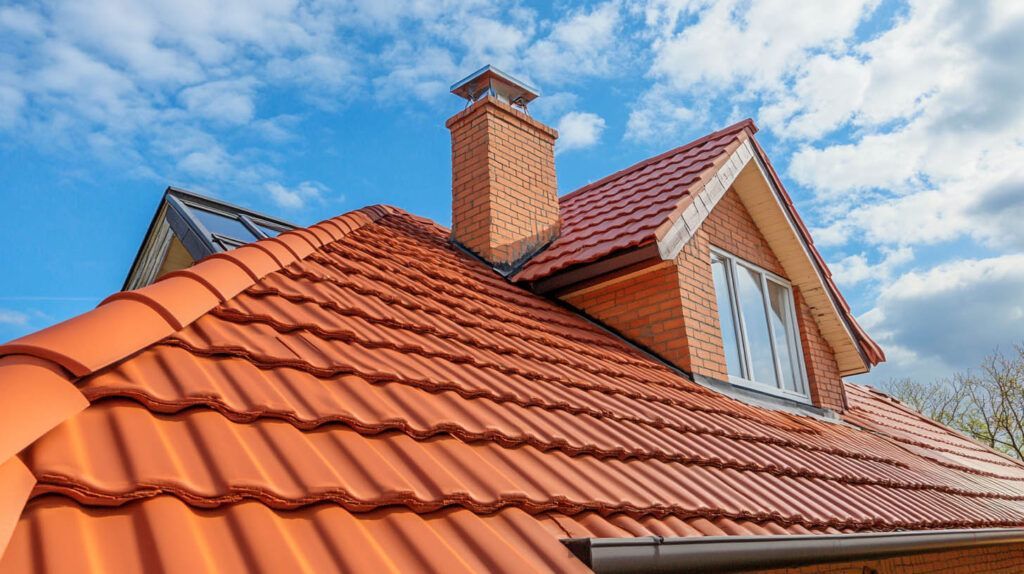Red tiled roof and brick chimney on a house against a blue sky