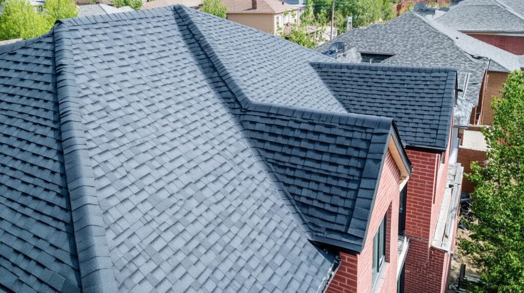 Aerial view of a house roof with dark gray shingles and multiple gables