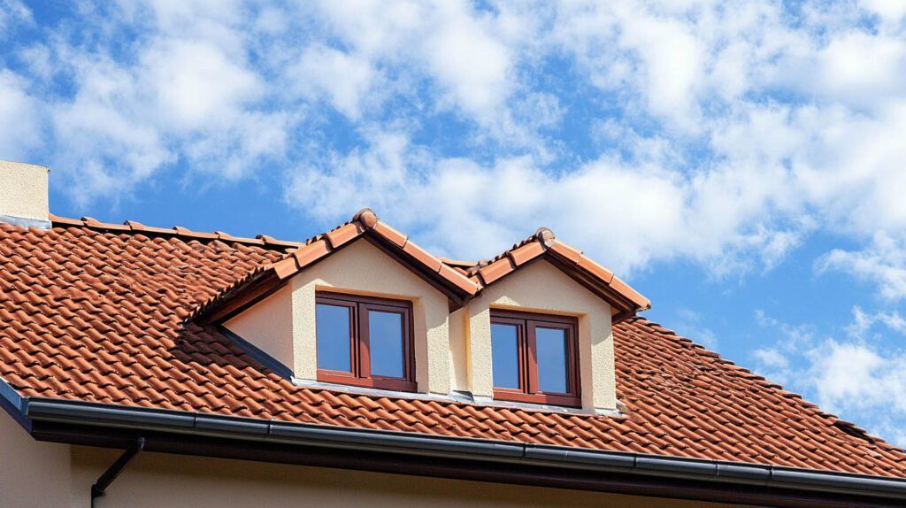 Red-tiled roof with two dormer windows against a blue sky