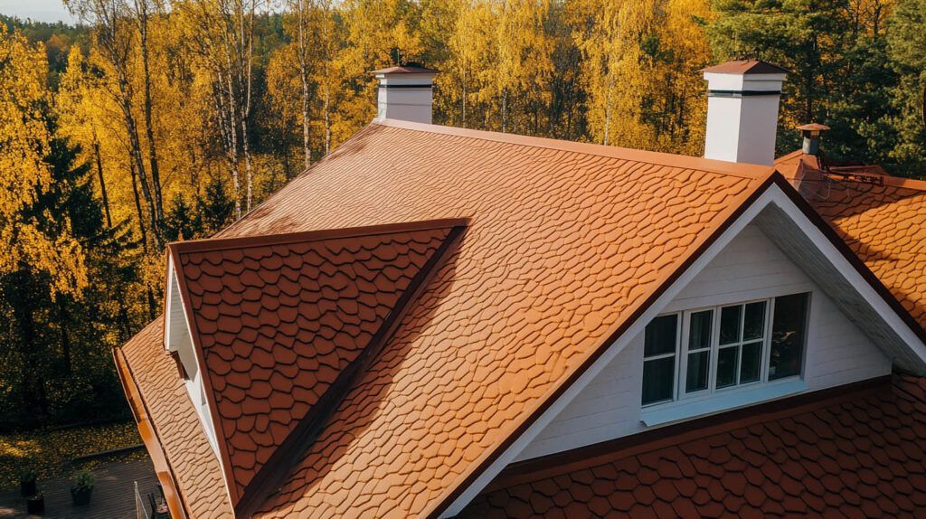 Aerial view of a red-roofed house with chimneys amid autumn trees.