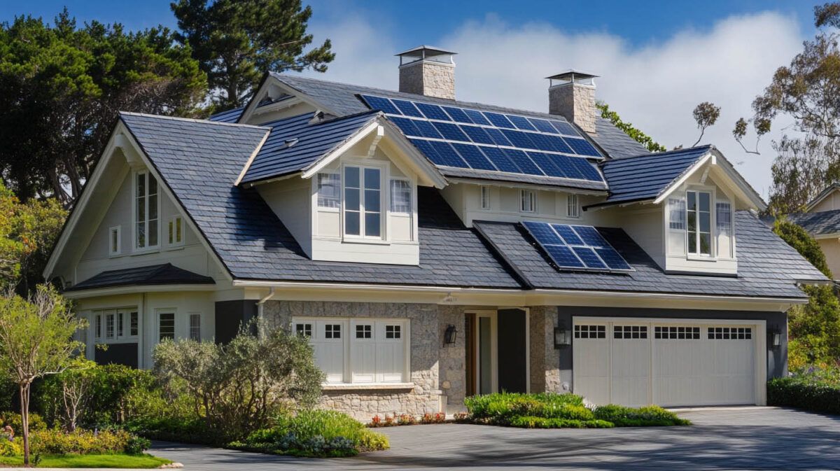 A large suburban house with solar panels on the roof, stone siding, and a two-car garage