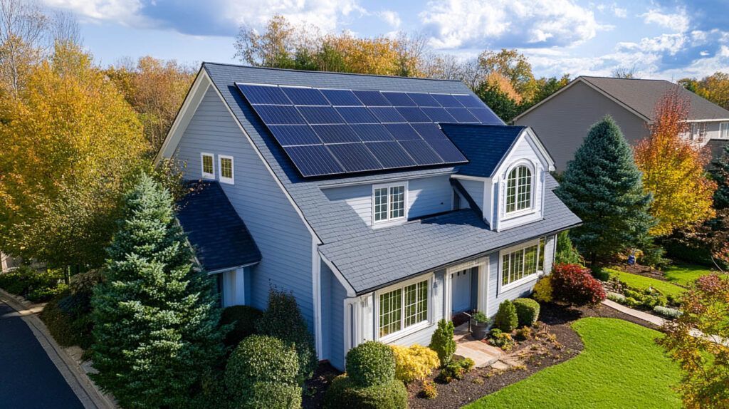House with solar panels on the roof, surrounded by trees and a landscaped yard